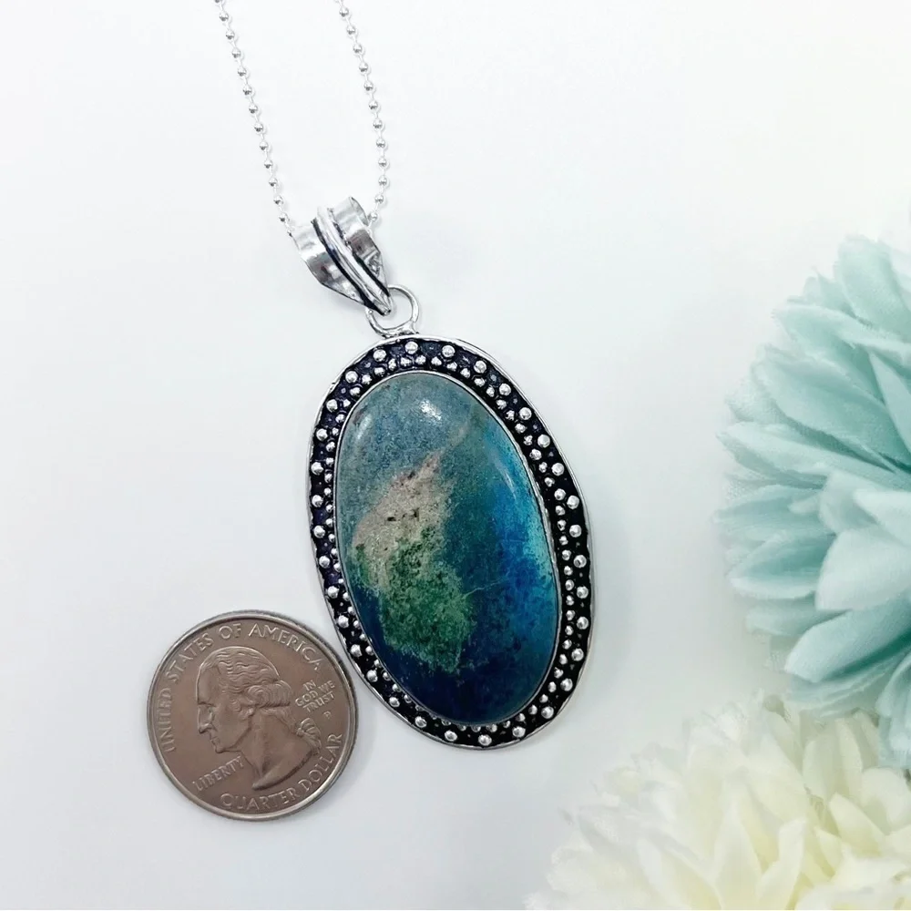 Large Chunky Shattuckite Pendant Necklace Sterling Silver 925 Oval Vintage New - Picture 3 of 6